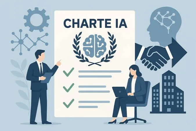 Managers et collaborateurs échangent autour d'un document lors de la rédaction d'une charte ia entreprise