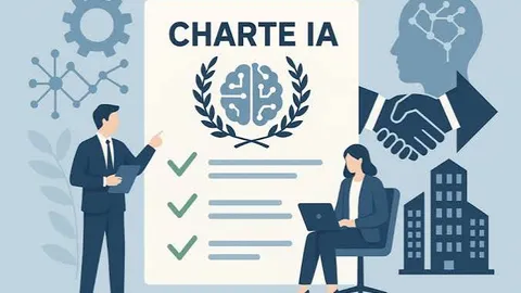 Managers et collaborateurs échangent autour d'un document lors de la rédaction d'une charte ia entreprise